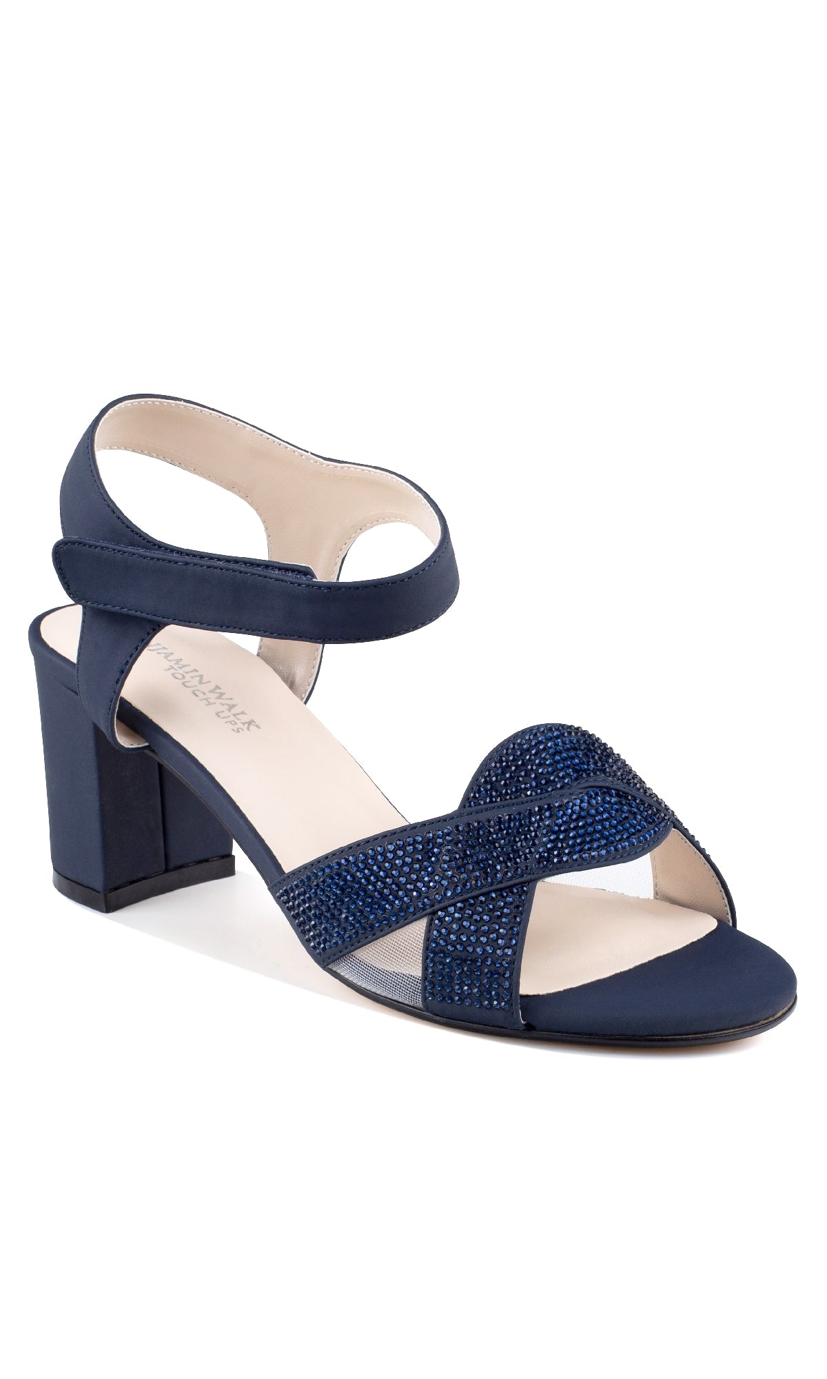 The Cam Navy Blue Shimmer Prom Shoes by Touch Ups 4640 feature open toes, a secure ankle strap, block heels, and rhinestone-embellished cross straps—ideal as elegant navy blue prom shoes or shimmer dress sandals.